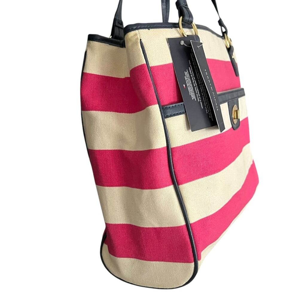NEW TOMMY HILFIGER Satchel Tote Bag Pink Cream Striped Navy Trim NWT 1652-57 - Picture 6 of 13